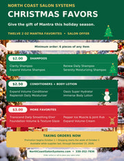 Mantra Christmas Favors flyer: twelve 2 oz Mantra favorites for salons, $2 shampoos, $2.50 conditioners and body lotion, $3 more favorites, minimum 6 of any item